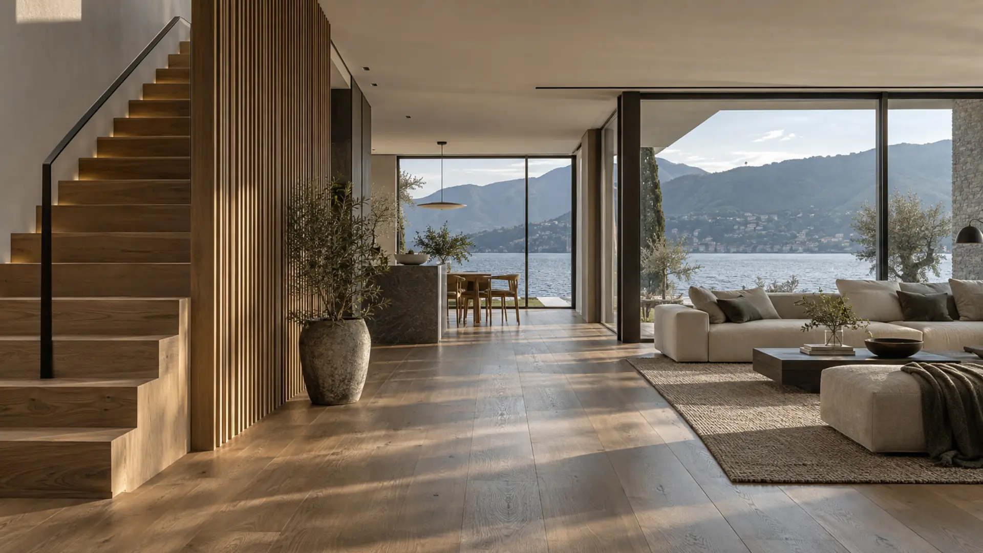 Interno con pavimento, scala e boiserie in rovere naturale affacciato sul lago