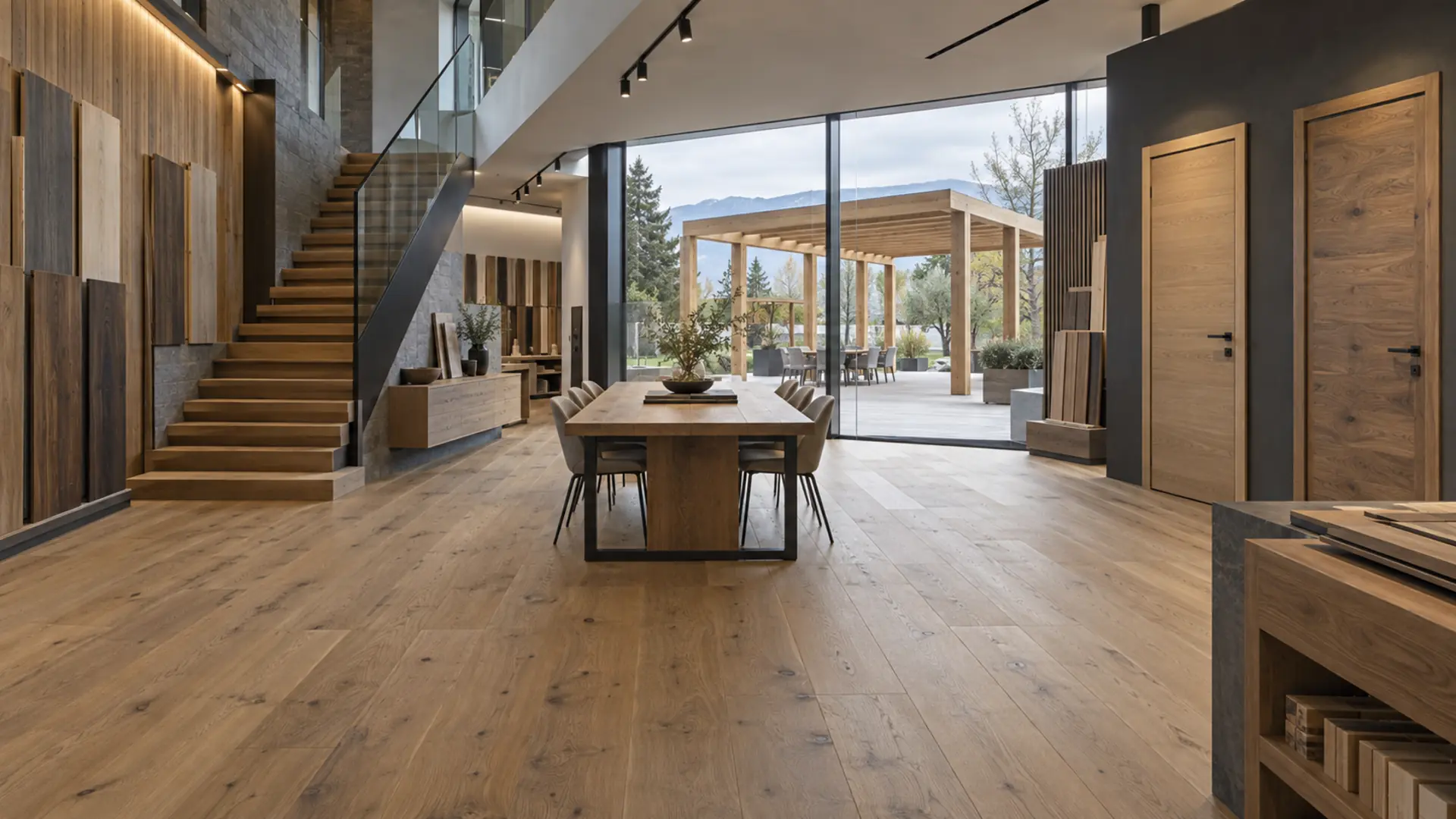 Interno dello showroom Monti Legnami con pavimenti, rivestimenti, scala e arredo in legno